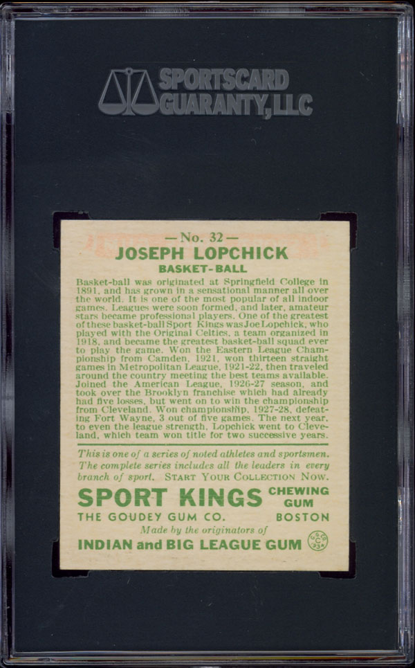 1933 Goudey Sport Kings 32 Joe Lopchick Lapchick SGC 96 Mint