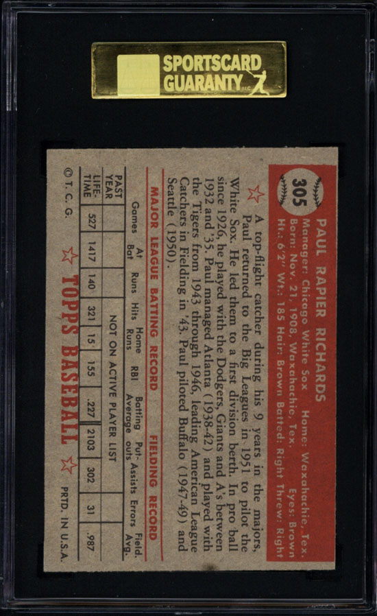 1952 Topps #305 Paul Richards SGC 84  